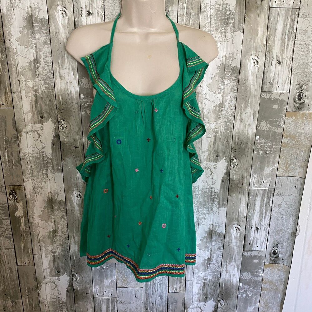 Rocks & indigo green halter top, floral embroidery and ruffles, L